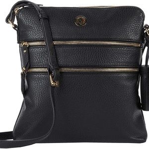 Crossbody Bag Zipper Closure Side Pockets Adjustable Strap Black Gold Hardware